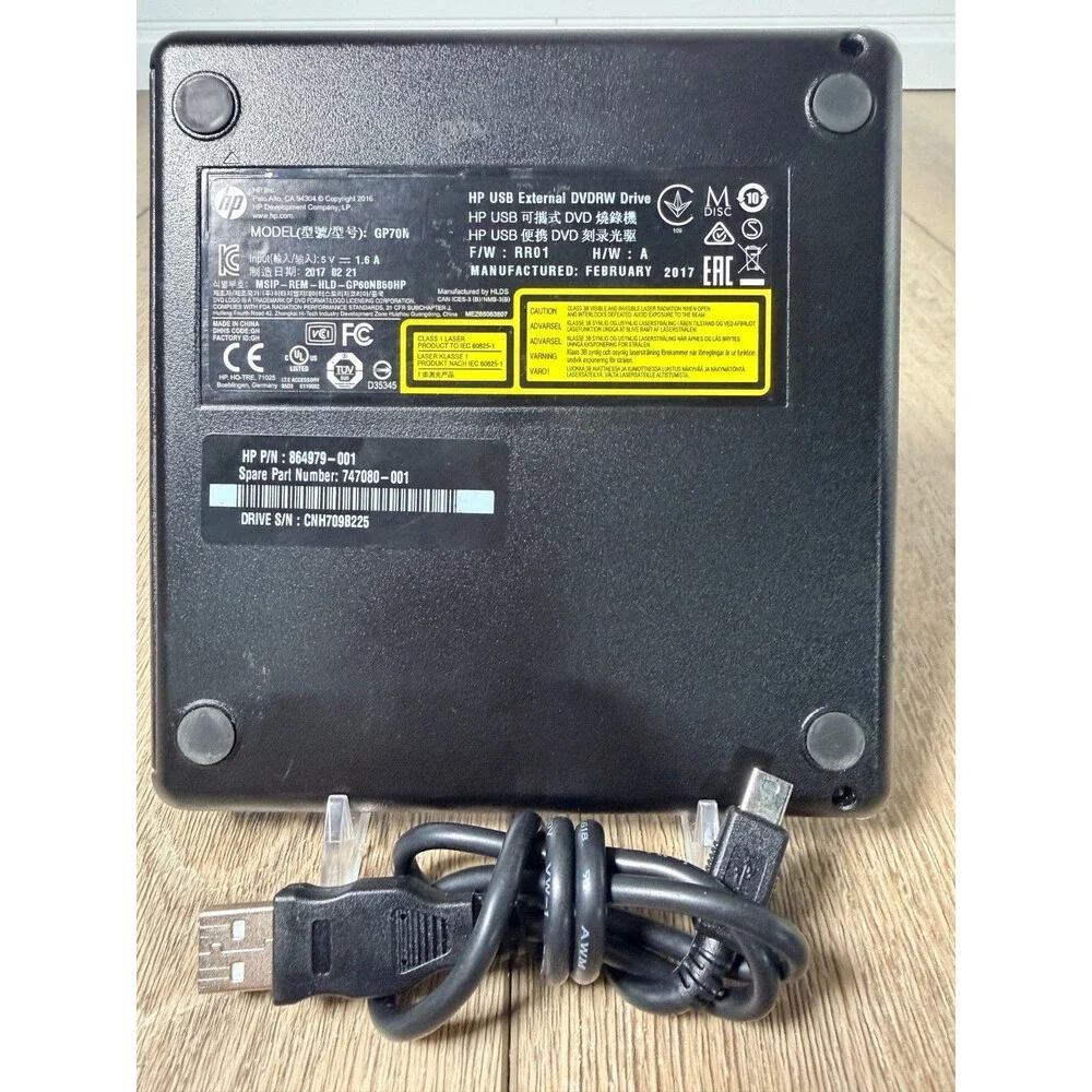 HP USB External DVD-RW Drive GP70N Plug-Play For PC or Mac with USB Cable